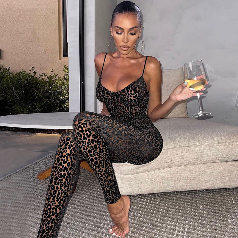 Leopard Mesh Slim Fit Jumpsuit