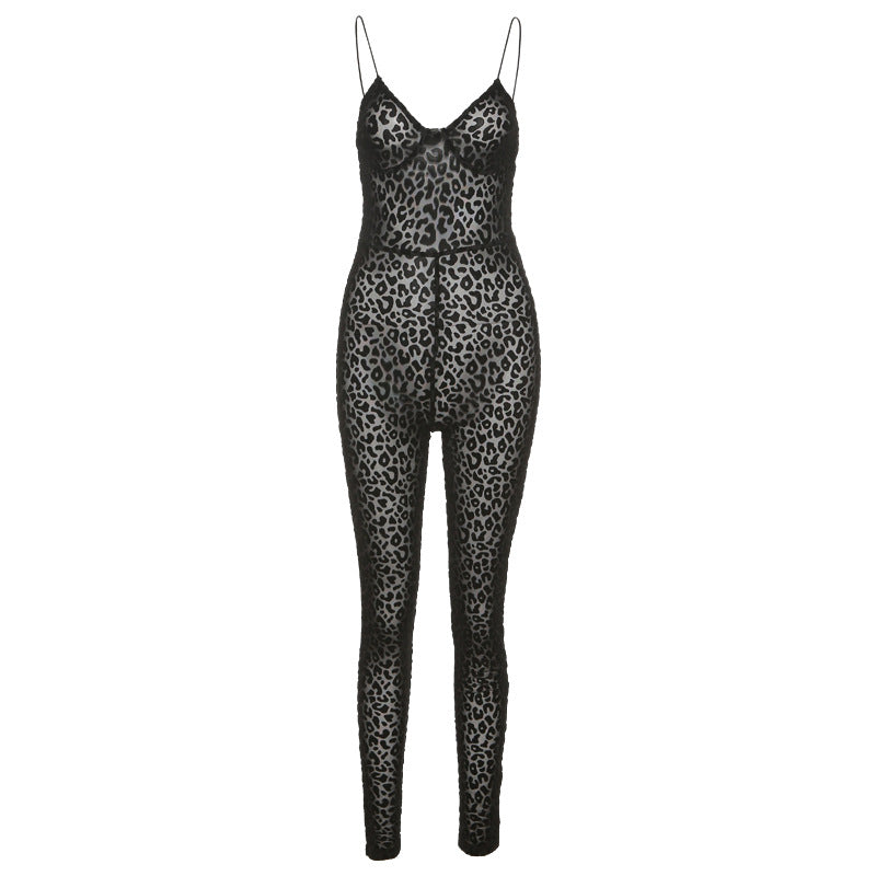 Leopard Mesh Slim Fit Jumpsuit